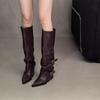 Botas Apiladas Plisadas con Hebilla de Punta para Mujer, Nuevo Estilo Otoño 2025, Botas Largas Estilo Punk Biker Callejero para Falda