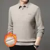 Camisa Polo Gruesa de Punto con Forro Polar de Invierno para Hombres de Mediana Edad y Mayores, Top Cálido Casual con Diseño Falso de Dos Piezas para Papá