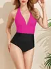 Maiô Body Tankini Color Block Europeu e Americano com Decote V Halter Disfarça Barriga Afina a Cintura Conservador para Praia e Águas Termais