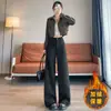 Foto real #Senso de design americano calça de lã com estampa de leopardo feminina com veludo extra inverno novo cintura alta justa reta perna larga