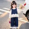 Conjunto de Tres Piezas de Mezclilla con Lunares Estilo Coreano para Niñas Estilo Primavera/Otoño 2026 Nuevo Moda Infantil Elegante para Niñas Conjunto Moderno