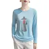 Camiseta de Algodón y Cáñamo con Estampado de Dibujos Animados Manga Larga para Mujer Estilo Coreano Rejuvenecedora Simple Transpirable Cuello Redondo Holgada Manga Corta