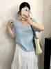 Blusa de Tricô Fina Versátil com Decote U para Mulheres Plus Size, Estilo Verão 2026, Camiseta Soltinha de Manga Curta para Mulheres Curvilíneas
