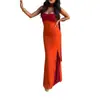 Vestido de Noche con Cinta de Otoño 2026 Nueva Moda Femenina Transfronteriza Elegante Vestido con Retazos y Abertura