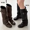 Botas de invierno para mujer estilo europeo y americano, negras, de caña alta, con hebilla de cinturón, elásticas y adelgazantes, botas largas versátiles, doble uso
