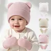 Amazon Novo Boné de Lã Tricô com Orelhas de Urso Fofo Conjunto de Chapéu e Luvas Quentes Outono Inverno Feminino