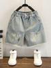 8226 Pantalones Cortos de Mezclilla para Niños y Niñas 2026 Nuevo Estilo Moda Coreana Infantil Pantalones Cortos de Longitud a la Rodilla Rotos Estilo Coreano para Niños Pantalones de Longitud Media