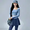 Conjunto de Yoga com Costura Color Block para Mulheres, Top Cropped de Manga Longa com Decote Quadrado, Roupa para Corrida Fitness com Controle de Barriga e Levantamento de Quadril, Pode Ser Usado ao Ar Livre
