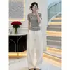 Conjunto de roupa para reduzir a idade, estilo nicho não combinando, camiseta polo cinza de manga curta com meia-bota, conjunto de calça pantalona, verão