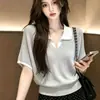 Estilo Novo Verão 2026 Gola Polo Blusa Tricô Color Block Falsa de Duas Peças para Mulheres, Caimento Solto, Camiseta Fina de Manga Curta, Camisa Morcego
