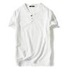 Camiseta de Linho de Manga Curta Estilo Japonês de Verão Masculina Retrô Algodão e Linho Manga Média Moda Jovem Moderna Cor Pura Camiseta de Dois Botões