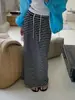 Saia midi listrada com bloco de cores, cintura elástica, fenda, estilo ins coreano chique, para mulheres baixinhas, emagrece e valoriza