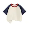 Camiseta Infantil Raglan Manga Curta 210g Algodão Penteado Versão Lisa Manga Sino Color Block Top Liso