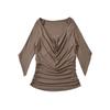 Estilo Chica Atrevida Cuello Oscilante Colgante Diseño Decorativo Camiseta de Manga Media Verano Nuevo Color Puro Aspecto Adelgazante Top Plisado