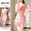 Maiô Fada para Mulheres, Novo Estilo 2026, Conjunto Biquíni Sexy de Quatro Peças Estilo Saia Dividida, Roupa de Banho de Manga Longa para Fontes Termais