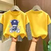 Camiseta de manga larga a rayas de algodón puro para niños, camiseta básica de otoño con dibujos animados, top falso de dos piezas para niños, casual y versátil