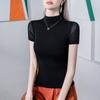 Gola Meia Alta Dupla Camada Malha T-shirt Feminina de manga curta Slim-fit 2024 Verão Nova Cor Sólida All-match Camisa Feminina Pequena com Gola Vertical