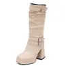 Hebilla de Cinturón Nuevo Estilo Europeo y Americano Botas de Caña Alta Holgadas Tacón Alto Grueso Botas para Discoteca Botas de Caballero 40-48 Talla Grande Botas de Comercio Exterior