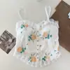 Camisola de encaje estilo vintage pastoral transfronteriza del sudeste asiático con estampado floral para verano, con copas y soporte incorporados para mujer