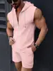 Moda Nova 2025 Conjunto com Capuz Masculino Camiseta com Zíper Colete Sem Manga Xadrez Shorts Conjunto Casual Masculino de Duas Peças