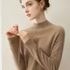Suéter de cachemira 100% pura para mujer para otoño e invierno, con tejido de punto de doble hebra de siete agujas, diseño engrosado, cuello semi-alto y estilo de manga raglán