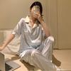 Pijama de Seda Helada con Solapa Estilo Coreano Transfronterizo con Estampado Floral para Mujer Verano Lujo Ligero Ropa para el Hogar Manga Corta Ropa Exterior Venta al por Mayor