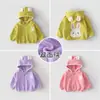 Cardigã com capuz estilo doce para primavera e outono para meninas, com tecido de fleece dupla face, bordado de coelho e design de orelhas de coelho 3D