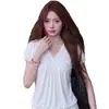 Camiseta de Manga Corta con Hombros Descubiertos, Cuello en V, Fruncido, Estampado de Lunares y Patchwork, Estilo Coreano, 260g, Personalizable, para Mujer