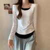Camiseta de Manga Larga de Color Bloque Estilo Francés, Diseño Falso de Dos Piezas, Estilo Coreano de Otoño, Camiseta Básica de Moda para Mujer, Oferta