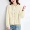 Camisa de Manga Longa com Bordado de Renda Ponto Plissado Artística Simples Doce Fofa Gola Redonda Versátil Camisa de Manga Longa
