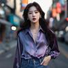 Camisa de Satén Morado para Mujer 2024 Nueva Otoño Francesa Lujo Accesible Diseño Nicho Camisa Top Único y Hermoso