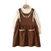 Conjunto de Dos Piezas de Peto Falda de Pana Retro para Niñas Ropa de Otoño Flores Bordadas Cuello Semi-Alto Capa Base Conjunto de Falda para Bebés Niñas