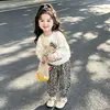 Elegante Conjunto de Oso de Manga Larga para Niñas, Sudadera de Cuello Redondo con Pantalones Largos Elásticos Estampados de Leopardo, Conjunto de Dos Piezas para Niñas Pequeñas para Usar Afuera