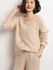 Nuevo suéter base de punto cálido para mujer de otoño e invierno, 100% cachemir, corte holgado, corte ajustado, cuello redondo, tejido de ganchillo, hueco, elegante