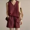 Traje de Lino de Color Sólido Estilo Coreano 2026 para Mujer, Conjunto de Dos Piezas de Top sin Mangas Delgado Transpirable de Verano y Shorts Casuales Adelgazantes