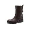 Hebilla de Cinturón de Doble Fila Estilo Coreano Botas Martin Vaqueras Cuero Genuino Botines Tobillo Redondos Chunky Tacón Medio Versátiles para Mujer Otoño Invierno 2026
