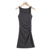 Vestido de cuello cuadrado estilo Ken Dou, cintura plisada, cadera, para mujer, cintura alta, adelgazante, sin mangas, falda, falda corta para verano