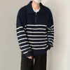 Suéter de estilo coreano para otoño e invierno para hombre, casual, holgado, con solapa, cremallera, rayas, color de contraste, manga larga