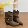 Botines retro de punta, plisados, para mujer, nueva colección otoño/invierno, con hebilla de cinturón, estilo vaquero occidental, tacón grueso, botas de montar