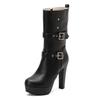 Fivela de Cinto Novo Estilo Europeu e Americano Rebite Cavaleiro Botas Femininas Botas de Cano Médio Botas de Salto Alto Grosso com Solado Grosso 40-50 Botas de Exportação