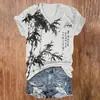 Estampado de Mariposa y Flor de Bambú Estilo Retro, Manga Corta con Cuello en V para Mujer, Impresión Digital 3D, Manga Corta Personalizada para Mujer