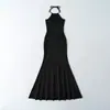 1621-26 Vestido Largo de Verano con Cuello Halter, Vestido Liso Ajustado Estilo Coreano