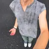 Colete Americano Tie-dye Decote V Sem Mangas Masculino Verão Fino Secagem Rápida Refrescante Seda Gelada Crop Top