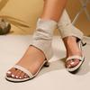 2025 primavera y otoño nueva moda punta redonda tacón alto sandalias zapatos de mujer tela tacón fino sandalias talla grande comercio exterior