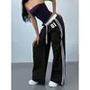 Comércio exterior AliExpress primavera e outono estilo americano cintura alta soltos casuais calças compridas para mulheres, esportivas color block perna larga longas