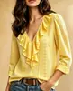 Amazon Roupas Femininas Europeias Americanas Novo Estilo Manga Longa Gola V Babado Cor Sólida Temperamento Elegante Slim Fit Versátil Top