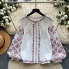 Camisa Bordada Estilo Étnico Retrô com Manga Sino para Mulheres, Cardigã Solto, Top com Design Intricado, Roupa Casual Outono 2026