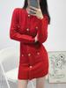 2024 Inverno Ano Novo Vermelho Estilo Francês Pequeno Inspirado em Chanel Vestido Feminino Tricotado de Lã Justo e Emagrecedor de Gola Redonda