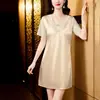 Bata de Noche de Seda para Mujer, Bata de Noche de Satén de Seda de Morera de Manga Corta de Verano, Bata de Noche Sexy de Encaje con Copas, Ropa de Casa Estilo Princesa