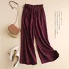 Calça Cropped Wide-Leg de Algodão e Linho de Cintura Alta com Amarração Lateral Artística Retrô Cintura Elástica Casual Cruzada do Sudeste Asiático Primavera e Outono